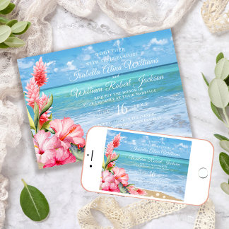 Tropical Floral Hibiscus Beach Wedding Invitation