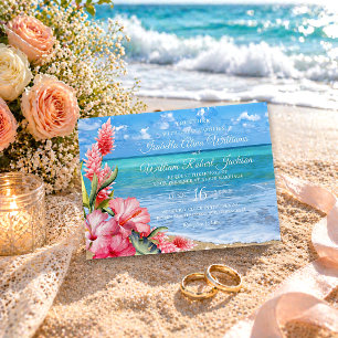 Tropical Floral Hibiscus Beach Wedding Invitation