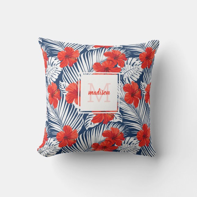 Tropical Floral Hibiscus Flower Custom Monogram Outdoor Pillow (Front)