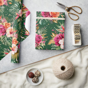 Tropical Floral Hibiscus & Greenery Wrapping Paper