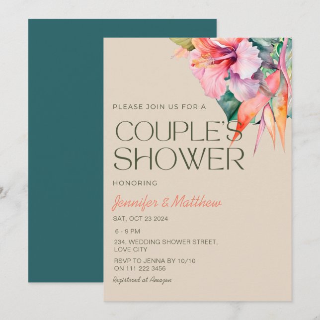 Tropical Floral Hibiscus Hawaiian Couples Shower Invitation (Front/Back)