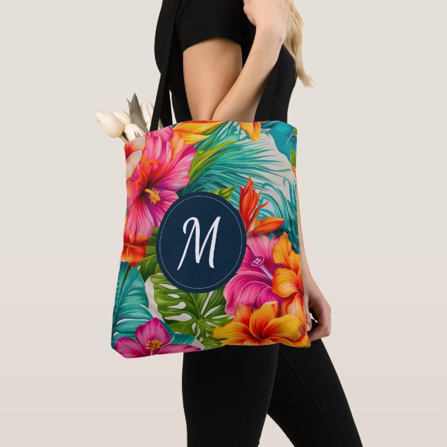 Tropical Floral Hibiscus Monogram Tote Bag (Close Up)