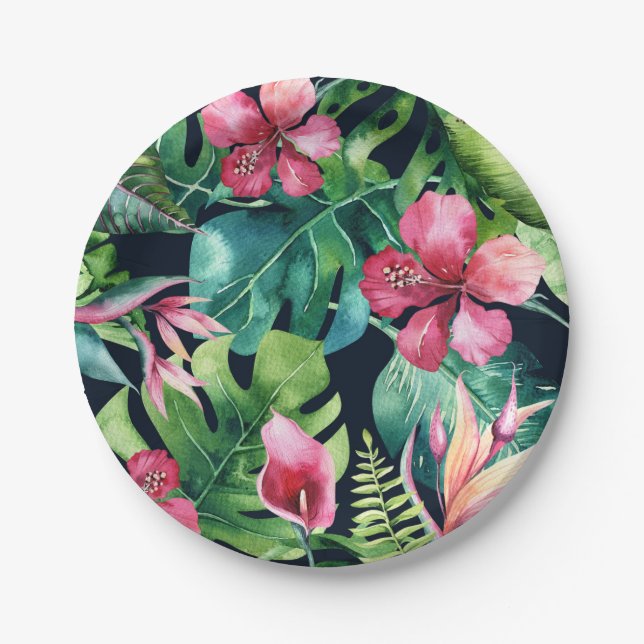 Tropical Floral Hibiscus & Palm Leaves Hawaiian Paper Plate (Front)