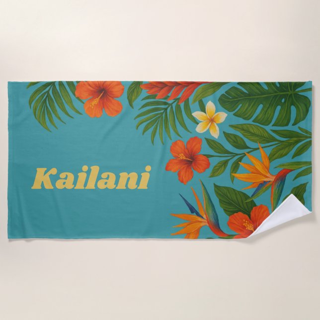 Tropical Floral Hibiscus Palm Personalized Name Beach Towel (Front)
