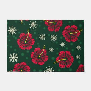 Tropical Floral Hibiscus Snowflakes Christmas Doormat