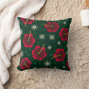 Tropical Floral Hibiscus Snowflakes Christmas    Throw Pillow