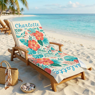 Tropical Floral Hibiscus Teal Pink Personalized Beach Towel