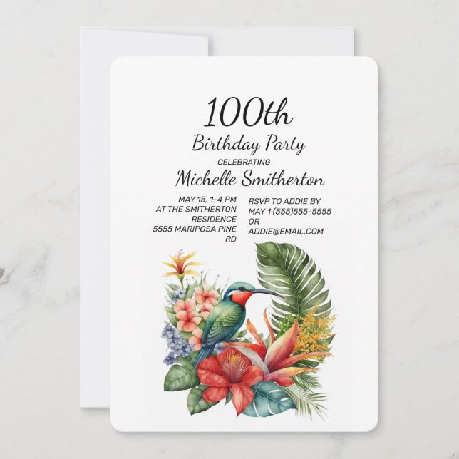 Tropical Floral Hummingbird 100th Birthday Invitation (Front)