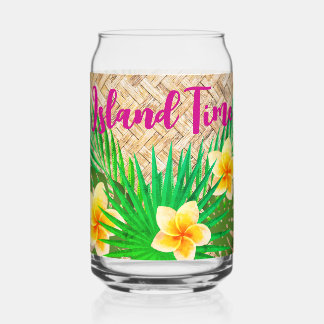 Tropical Floral Island Time Rattan  Can Glass