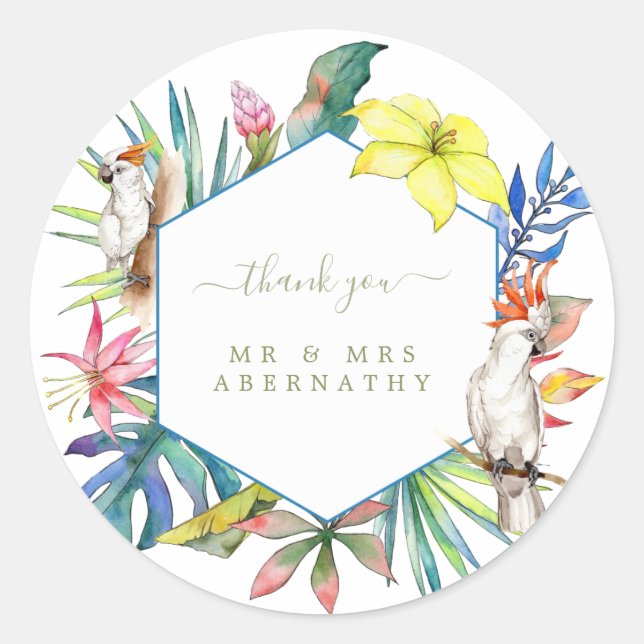  Tropical Floral Island Wedding Thank You Sticker (Front)