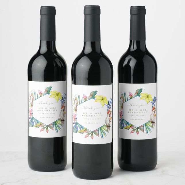 Tropical Floral Island Wedding Thank You Wedding Wine Label (Bottles)