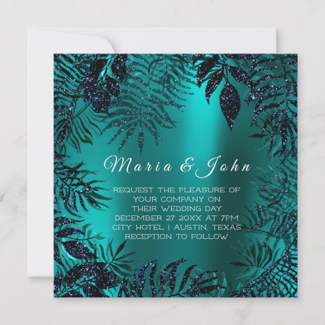 Tropical Floral Leaf Glitter Garden Blue Navy Teal Invitation (Front)