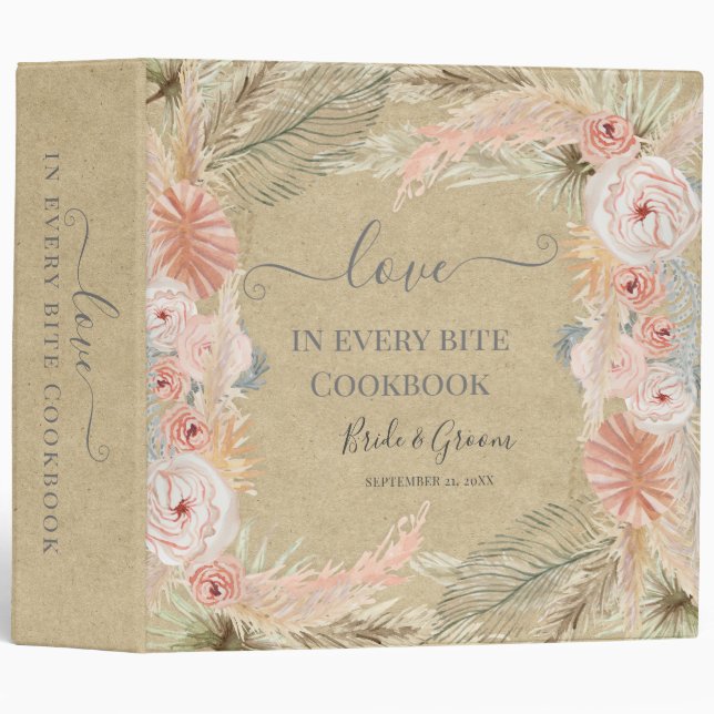 Tropical Floral Leaf Pampas Wedding Cookbook Kraft Binder (Front/Spine)