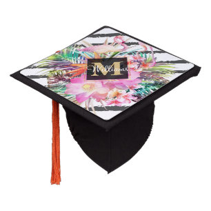 tropical floral leaves and flamingos stripes graduation cap topper