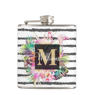 tropical floral leaves and flamingos stripes hip flask