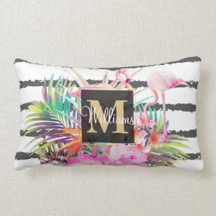 tropical floral leaves and flamingos stripes lumbar pillow