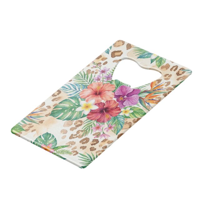 Tropical Floral Leopard Print Pattern Credit Card Bottle Opener (Front Angled)