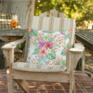 Tropical Floral Leopard Print Pattern Outdoor Pillow