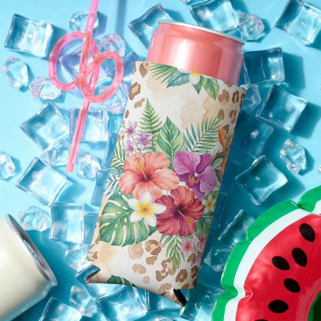 Tropical Floral Leopard Print Pattern Seltzer Can Cooler (In Situ Summer)