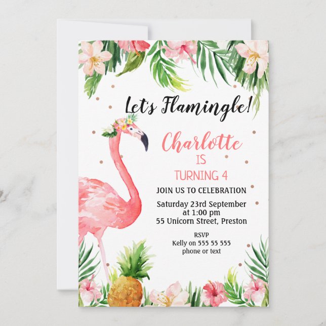 Tropical Floral Let's Flamingle Birthday Invitation (Front)