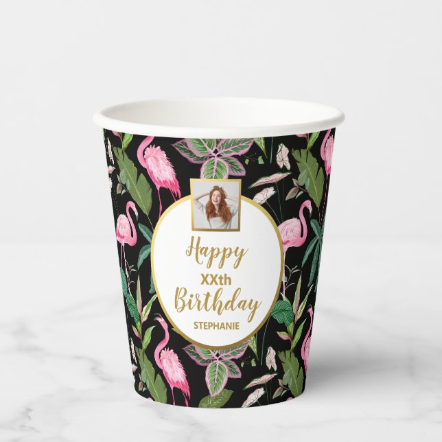 Tropical Floral Luau, Flamingos, Birthday Photo Paper Cups (Front)