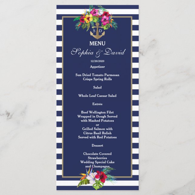 Tropical Floral Luau Navy Blue Stripes Menu (Front)