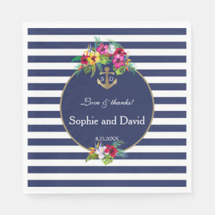 Tropical Floral Luau Navy Blue Stripes Wedding Napkin