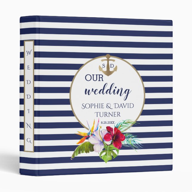 Tropical Floral Luau Navy Blue Wedding Photo Album Binder (Front/Spine)