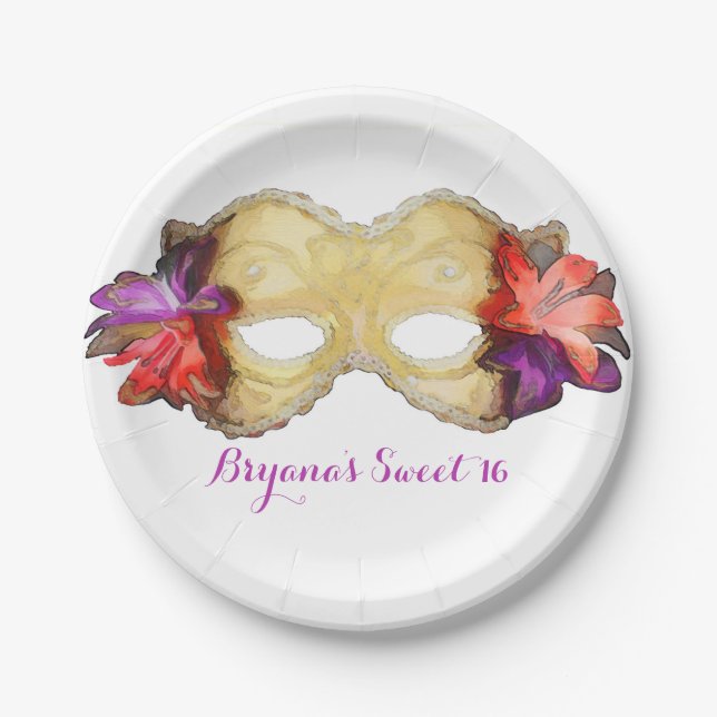 Tropical Floral Masquerade Mask Elegant Party Paper Plate (Front)