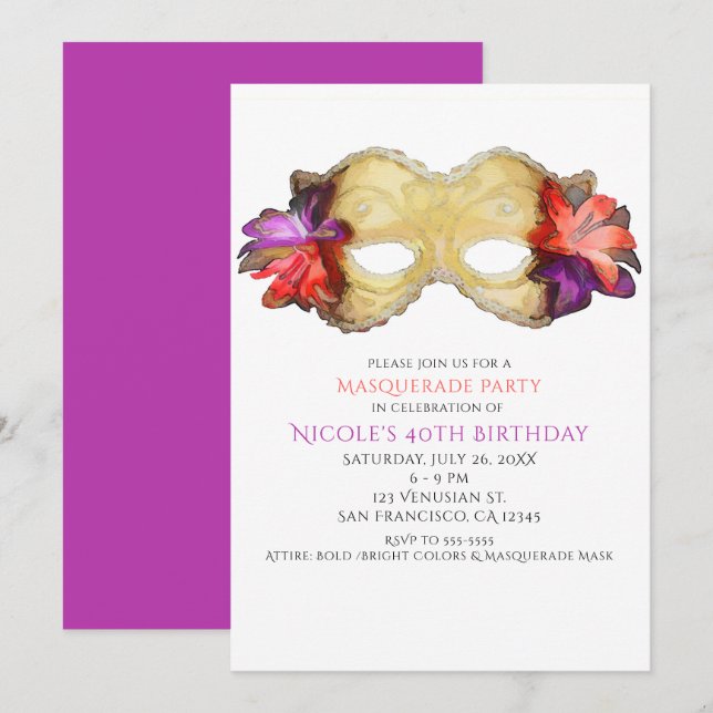 Tropical Floral Masquerade Mask Party Invitations (Front/Back)