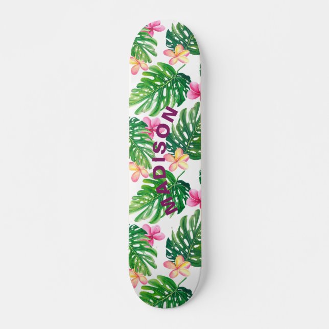 Tropical Floral Modern Girly Personalized Skateboard (Front)