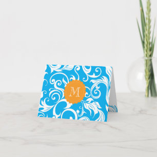 Tropical Floral Monogram Note Card Turquoise Blue
