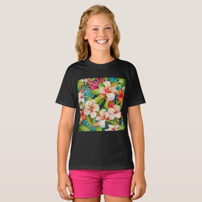 Tropical Floral Oil Painting Style T-Shirt (Front Full)