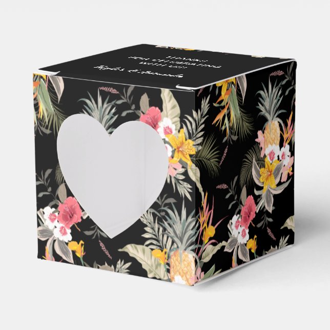 Tropical Floral on Black Square Heart Favor Box (Front Side)
