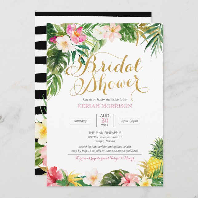 Tropical Floral or Luau Style Bridal Shower Invitation (Front/Back)