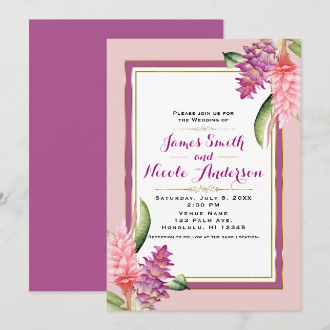 Tropical Floral Orchid Purple & Pink Chic Wedding Invitation (Front/Back)