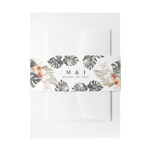 Tropical Floral & Palm Bohemian Wedding Invitation Belly Band (Front Example)
