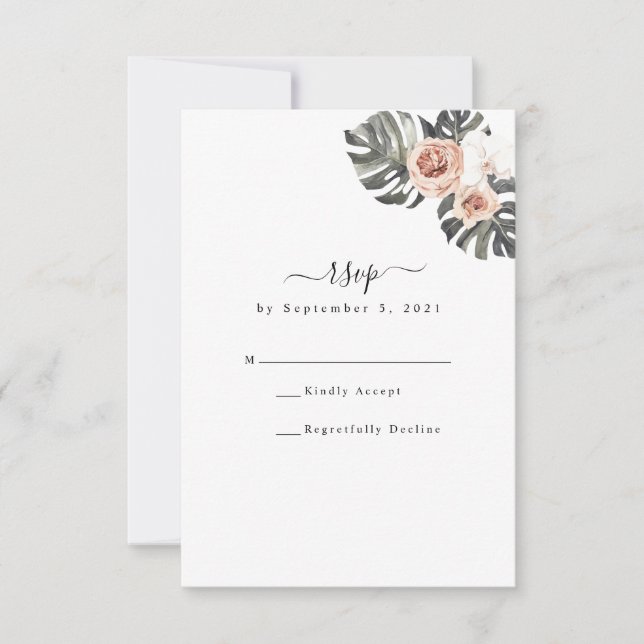 Tropical Floral & Palm Bohemian Wedding RSVP Card (Front)
