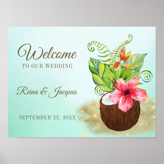 Tropical Floral Palm Coconut Wedding Welcome Sign (Front)