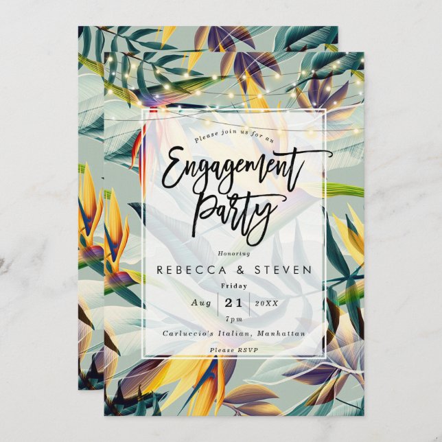tropical floral palm engagement party invitation (Front/Back)