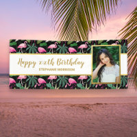 Tropical Floral Palm Leaf Flamingo Birthday Photo