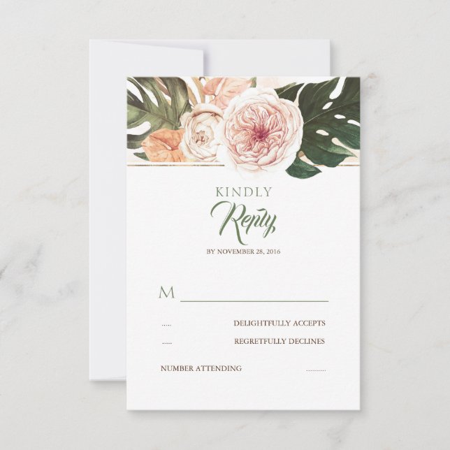 Tropical Floral Palm Leaves Wedding RSVP Card (Front)