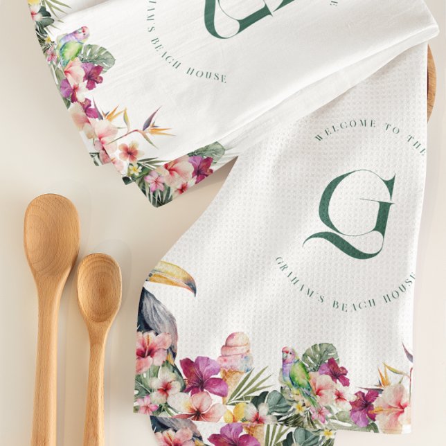 Tropical Floral Palm Monogram Beach House Kitchen Towel (Creator Uploaded)