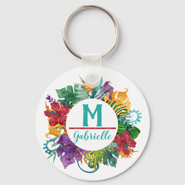 Tropical Floral Palm Wreath Monogram Initial Name Keychain (Front)