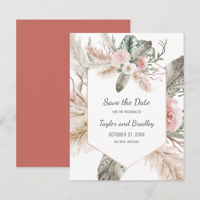 Tropical Floral Pampas Grass, Feathers, Rustic | I Save The Date (Front/Back)