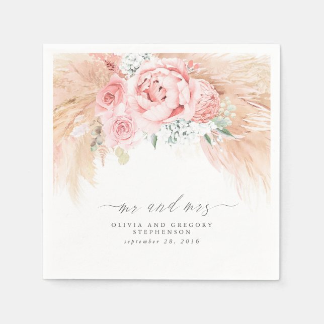 Tropical Floral Pampas Grass Wedding Napkins (Front)