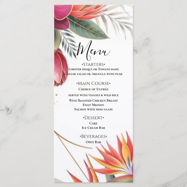 Tropical Floral Paradise Botanical Gold Wedding  Menu (Front)