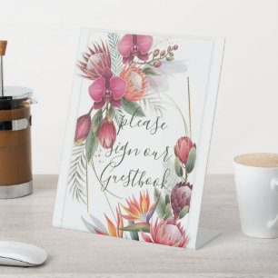 Tropical Floral Paradise Botanical Gold Wedding  Pedestal Sign