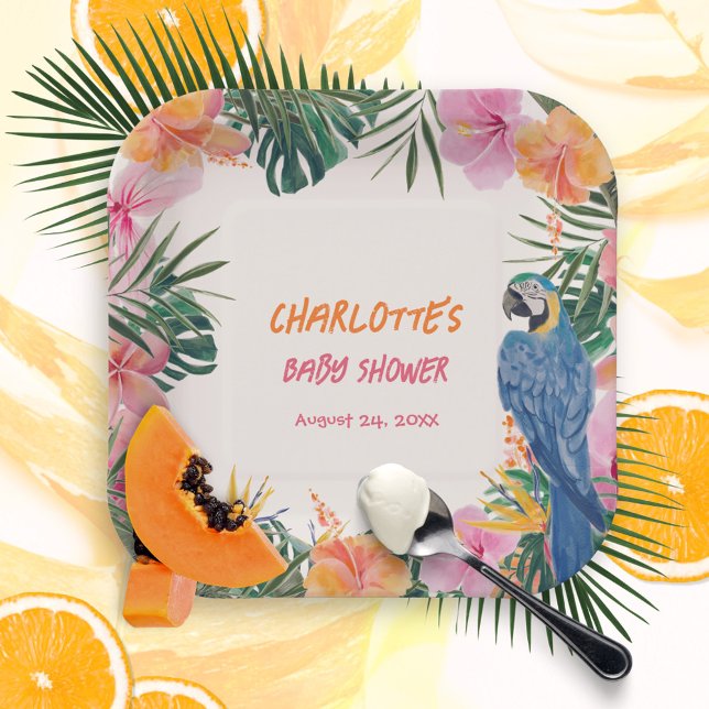 Tropical Floral Parrot Watercolor Baby Shower Paper Plate (Tropical Floral Parrot Watercolor Baby Shower Paper Plates ©Susanne Sachers - Sunny Mind 🌞)