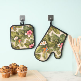 Tropical Floral Pattern – Hibiscus, Monstera  Oven Mitt & Pot Holder Set